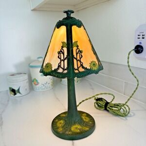 Antique E Miller Attributed Slag Glass Boudoir Lamp Black Eyed Susan 4 Panel